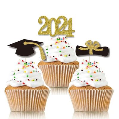 SWYOUN 48PCS Glitter Class Of 2024 Graduation Party Supplies 2024 Grad Cupcake Toppers Mini Cake Decorations