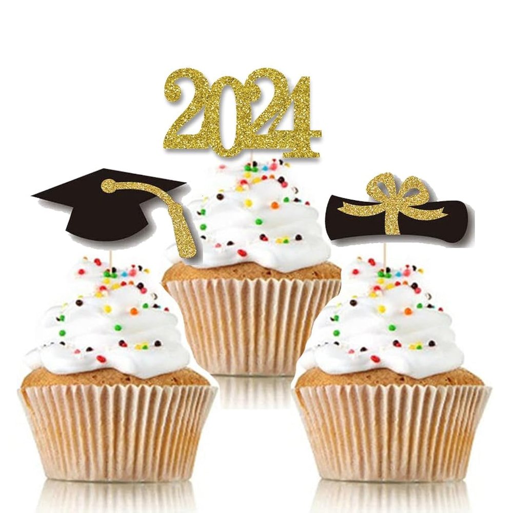 SWYOUN 48PCS Glitter Class Of 2024 Graduation Party Supplies 2024 Grad Cupcake Toppers Mini Cake Decorations