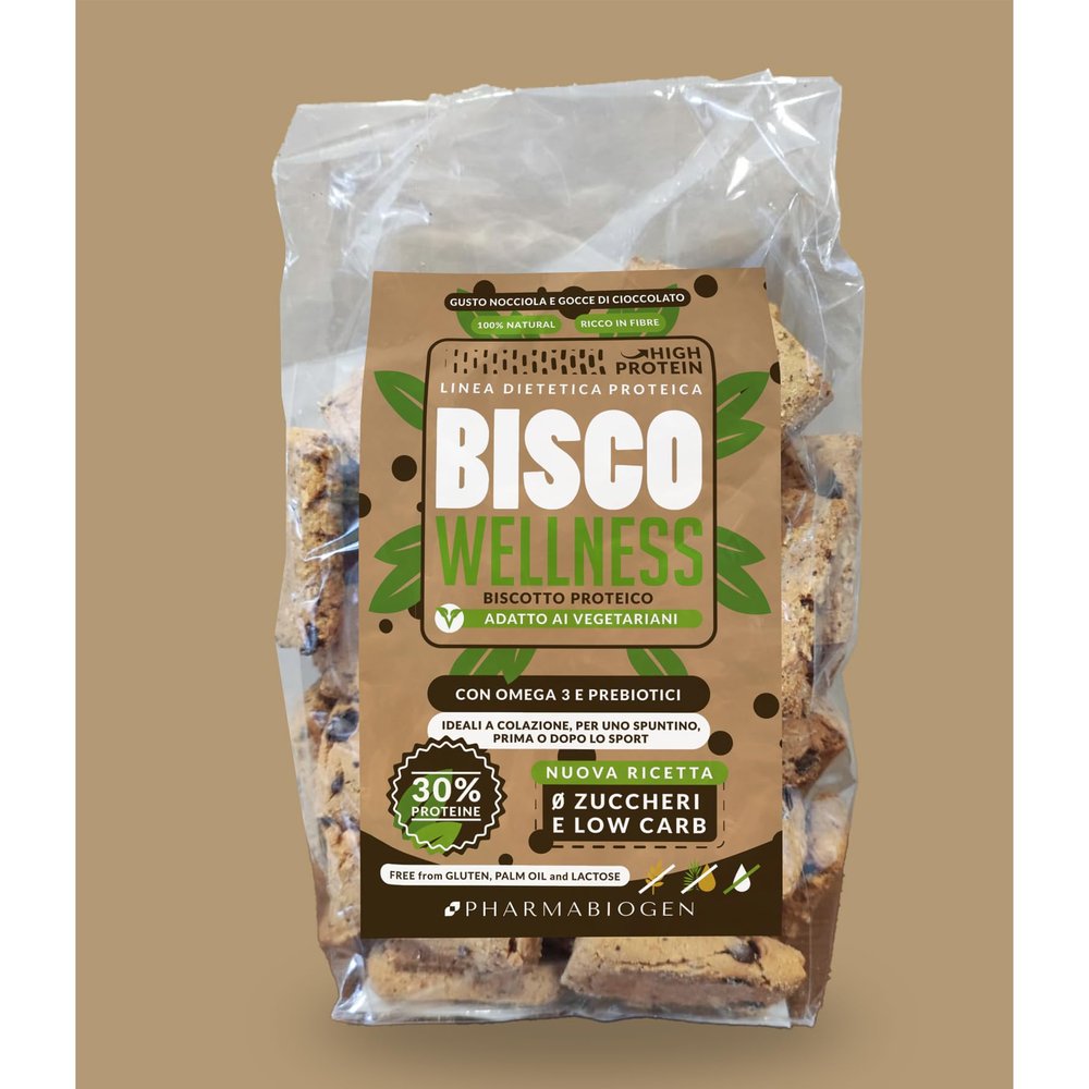Bisco Wellness Low Carb Protein Cookies with Omega3 and Prebiotics Hazelnut Flavour and Chocolate Drops. Sugar-Free, Gluten Free, Lactose Free, 200 g