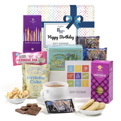 Hatties Gifts Birthday Hampers for Men  Luxury Afternoon Tea Gift Set with English Victorian Tea, Shortbread, Chocolate, Sweet Treats & Happy Birthday Card