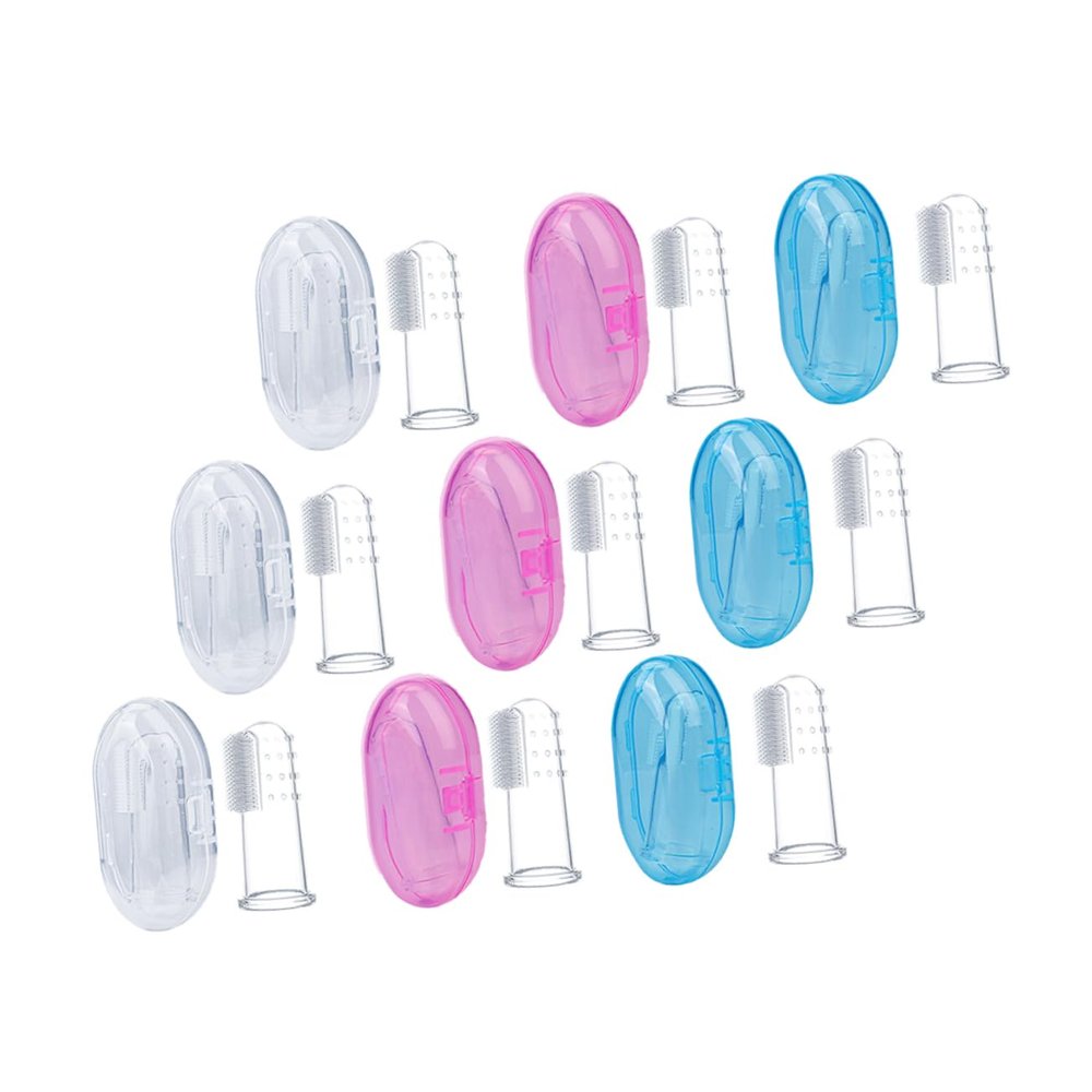 FRCOLOR 9pcs Baby Finger Toothbrush Set Silicone Oral Cleaning Brushes for Infants and Toddlers Blue Pink with Storage Box for 0-3 Years