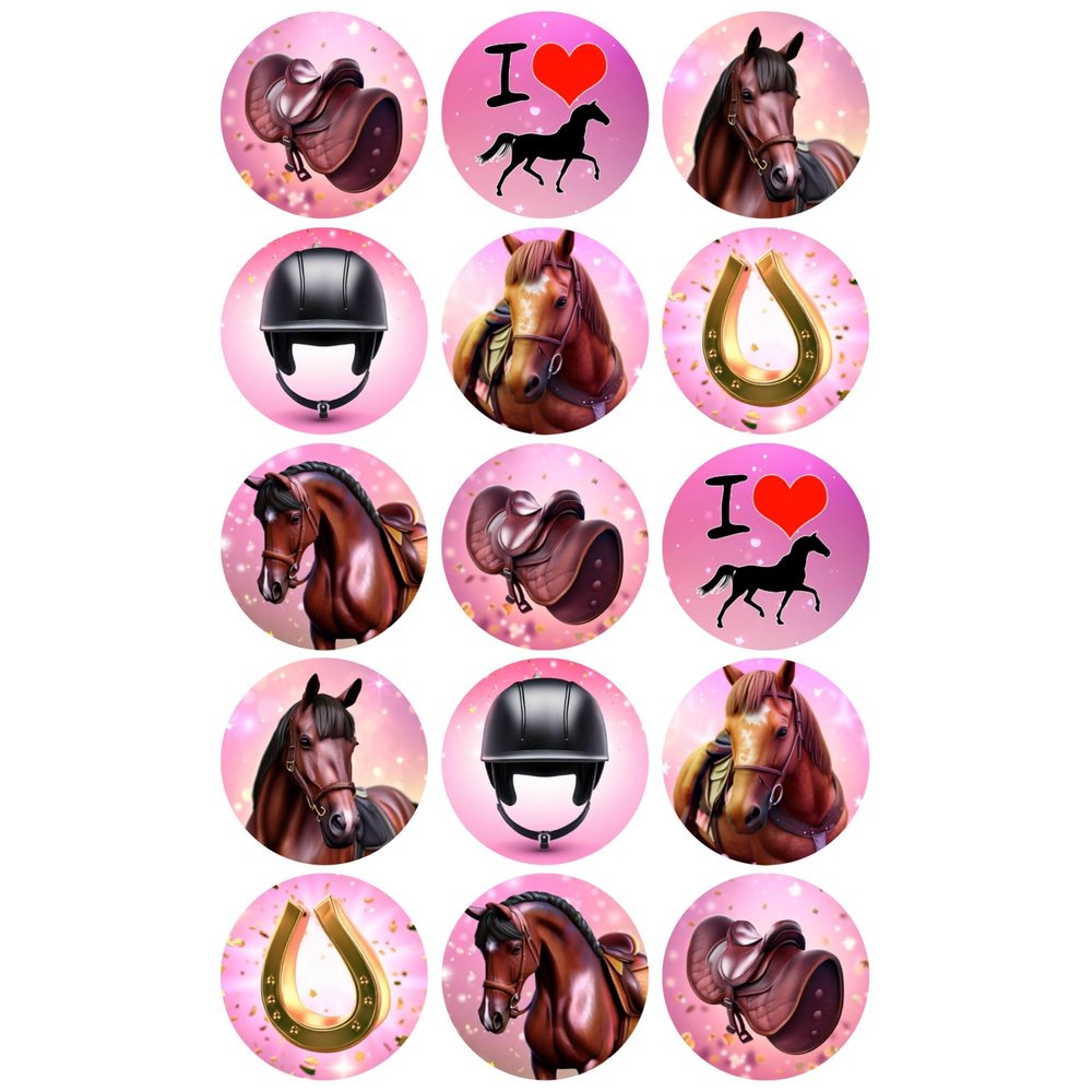 15 x Horse Riding Pink Mix Edible Wafer or Icing Cupcake Toppers Fun Girl Themed Party Cake Decorations Perfect For Brownies Cookies Muffins & More! (Edible Wafer Card)