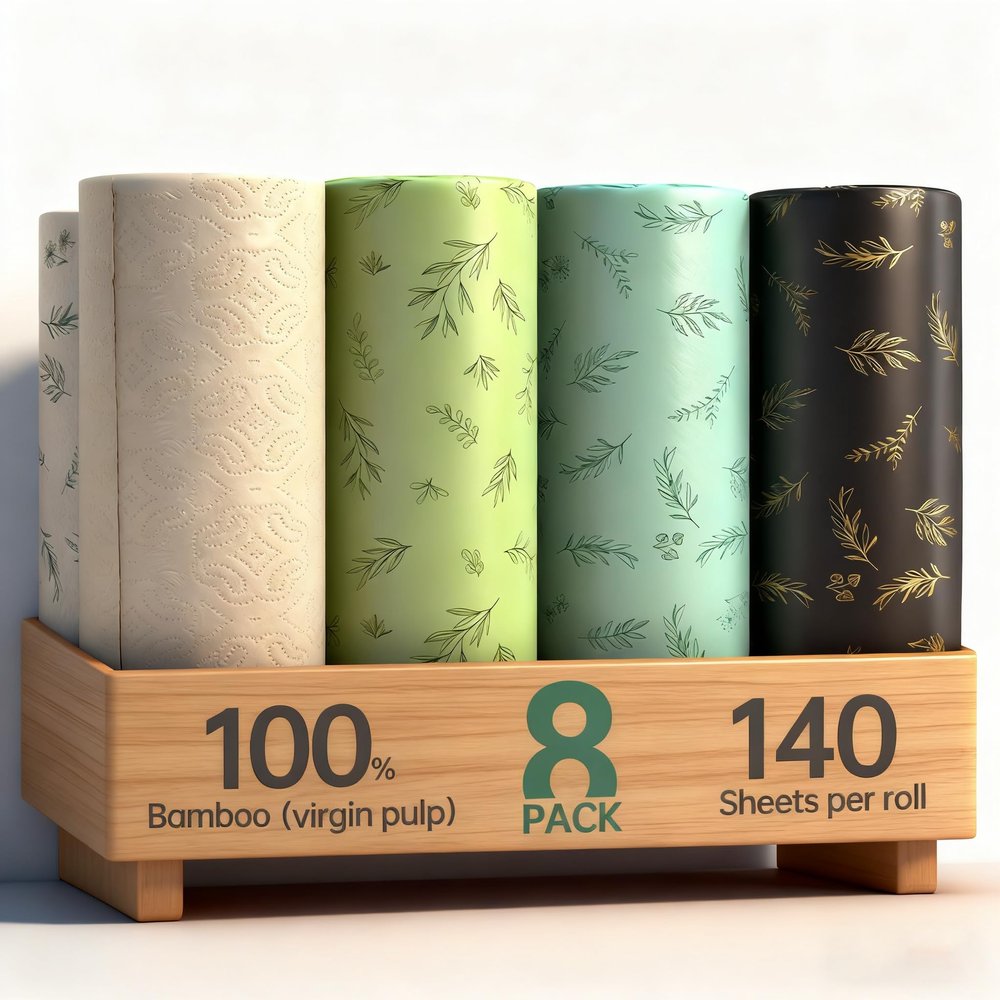 Bamboo Kitchen Roll 8-Roll 2-ply Large Size Eco-Friendly Kitchen Towels Paper Towels Green Sustainable Household Paper Plastic Free Naked Paper Unbleached Drying Hands Absorbing Oil Napkin Substitute