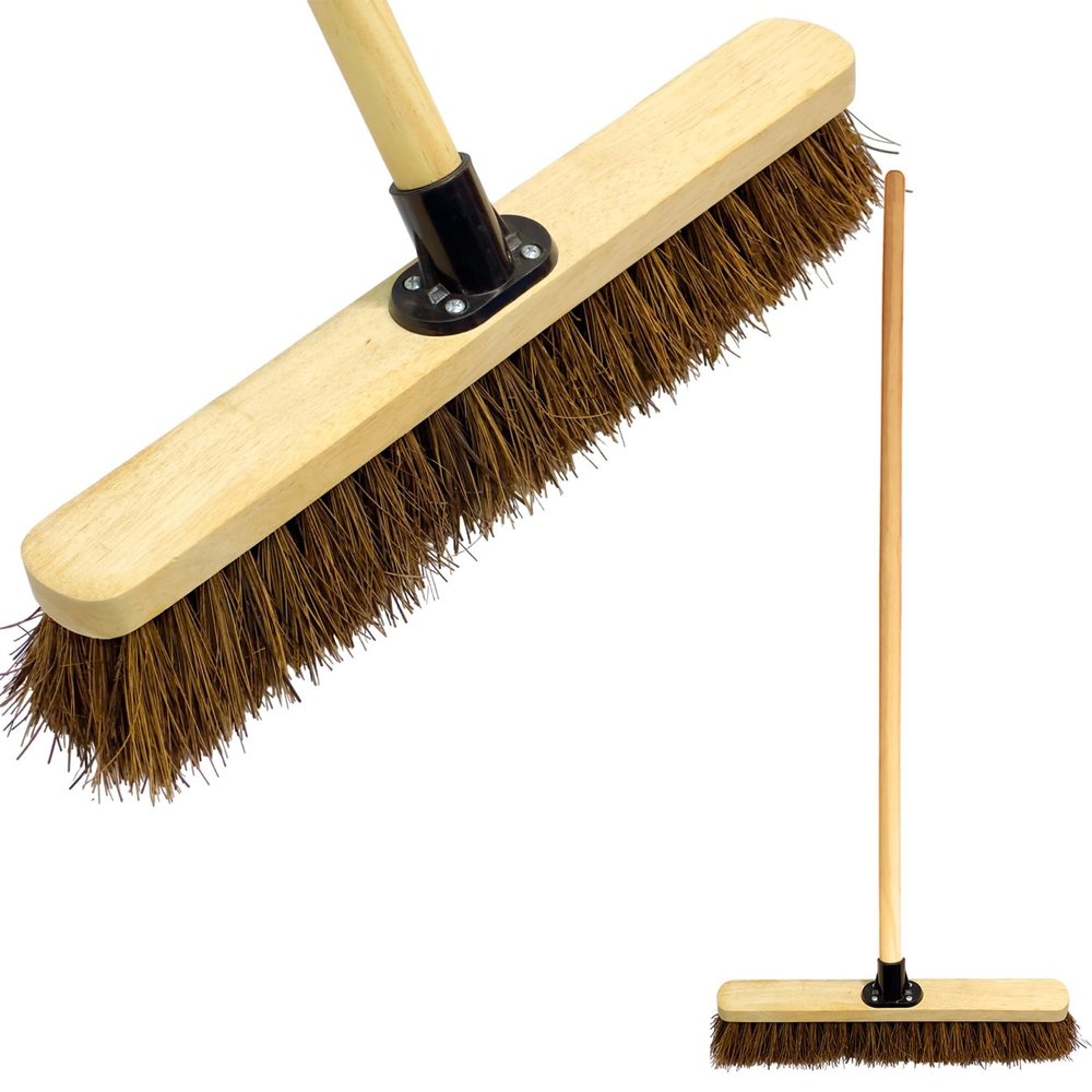 18 Outdoor Yard Broom with Wooden Handle Stiff Bassine Hard Bristle with Durable Support Bracket Garden Brush Heavy Duty Broom for Driveways, Sidewalks, Patios and Deck (PACK OF 1)