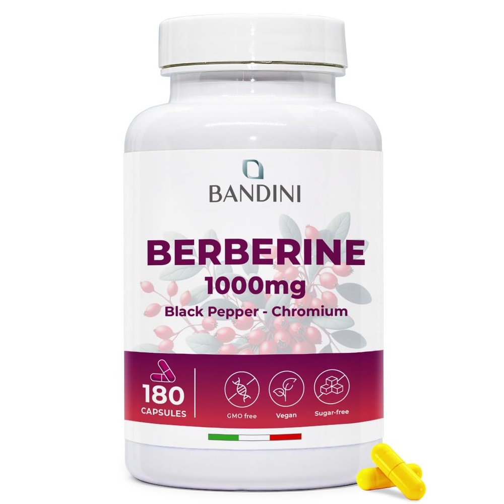 Bandini Berberine 1000mg Pure high Dosage | 180 Vegan Capsules - Pure Berberin HCL from Berberis Aristata 97% + Chromium and Black Pepper | Maximum Absorption - Digestive, Liver, Intestinal Function