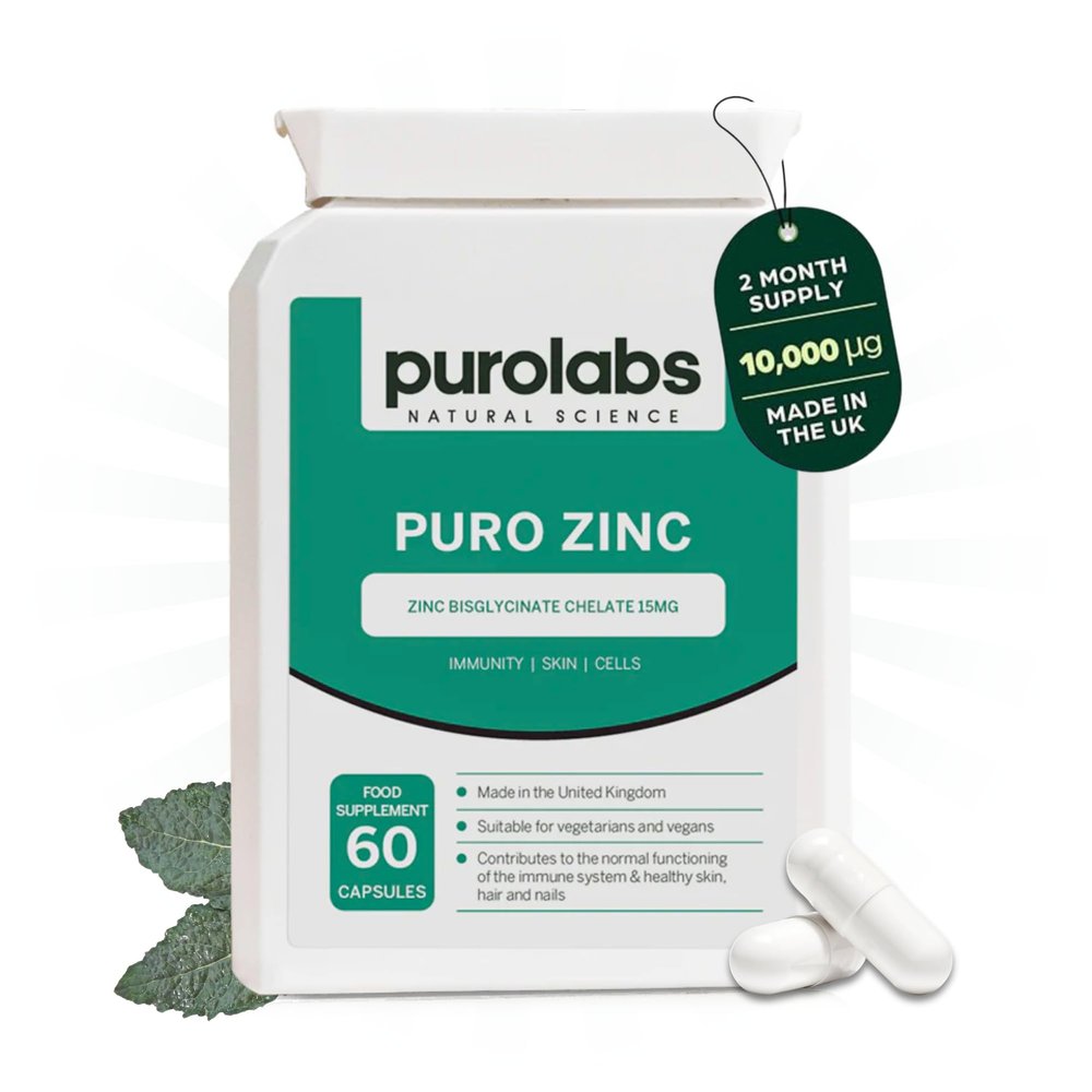 High Strength Zinc Supplement 15mg by Purolabs - Chelated Zinc Bisglycinate - Vegan Capsules - High Absorption Tablets for Men & Women - Immune & Skin Support Supplements - 60 Count
