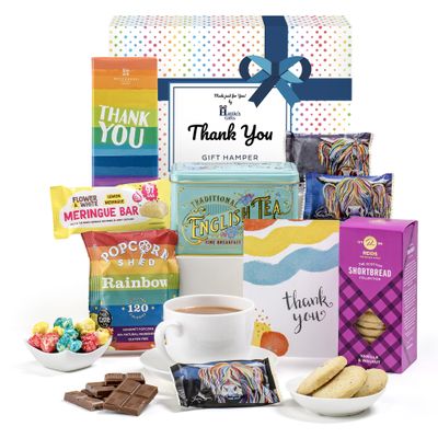 Thank You Gifts for Men  Afternoon Tea Hamper with Tea & Treats, Shortbread, Thank You Chocolate, Gourmet Popcorn, Meringue, Sweet Snacks & Card | Hatties Gifts