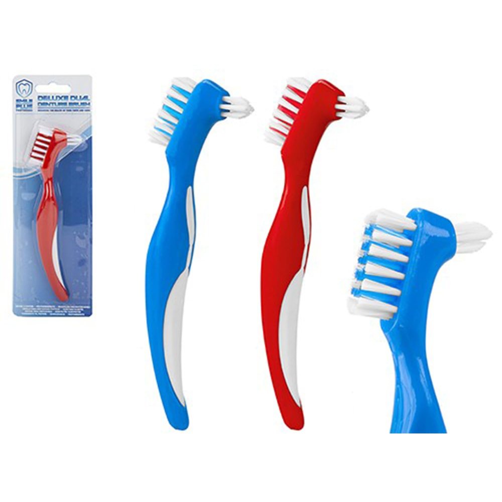 Deluxe Dual Denture Brush - 1 Piece (2 Assorted Colors: Red & Blue) - Gum Massaging & Teeth Cleaning