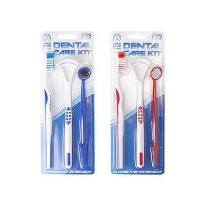 1st Aid Portable Dental Care Kit - 1 Set (Assorted Red & Blue Colors) - Oral Hygiene Set with Toothbrush, Mirror, Tongue Scraper