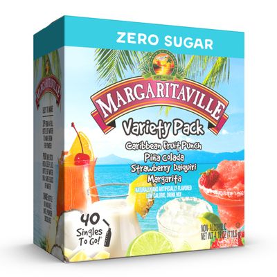 Margaritaville Singles to Go Water Drink Mix, Variety Pack, Contains 4 Flavours: Caribbean Fruit Punch, Pina Colada, Strawberry Daiquiri and Margarita, 1 Box (40 Individual Servings)