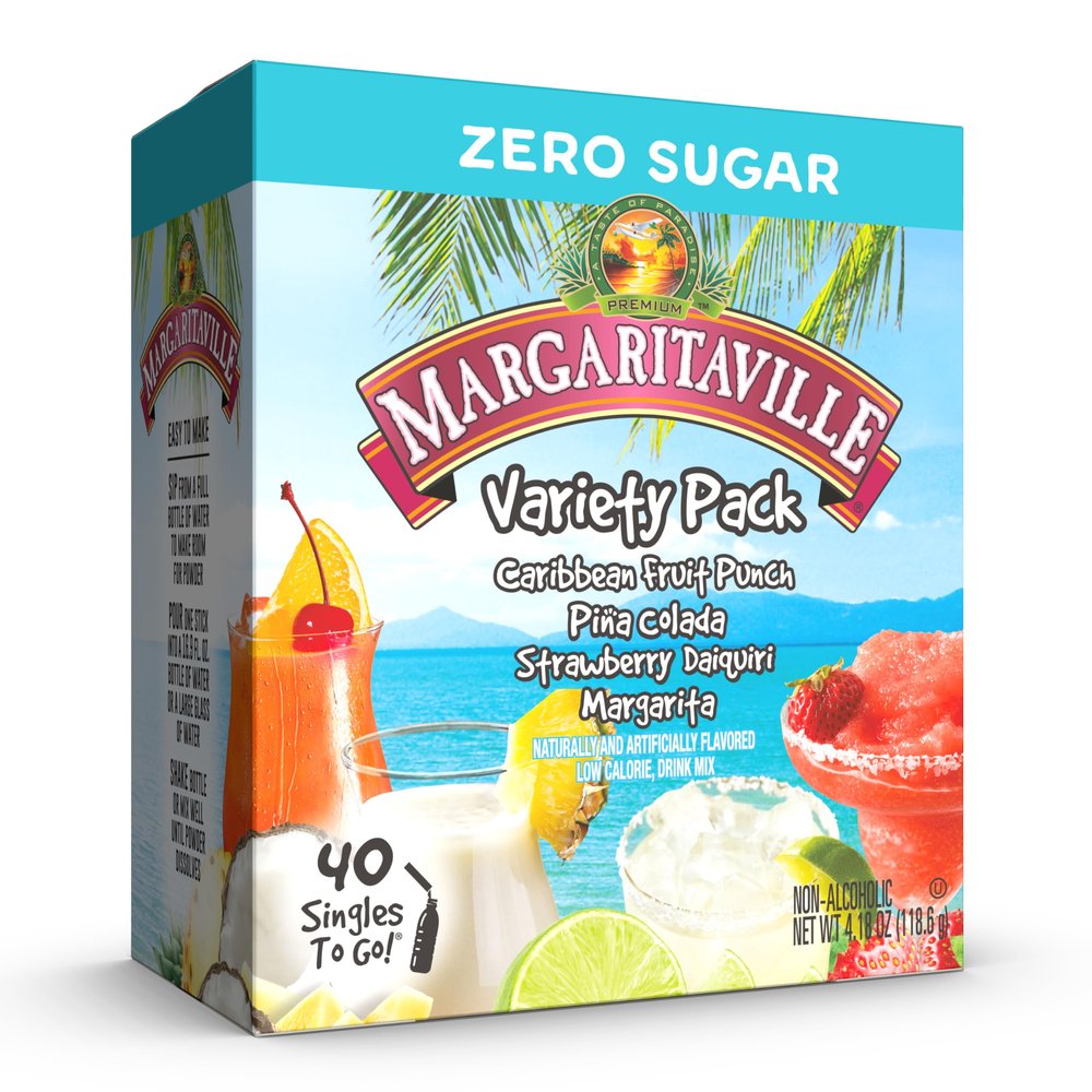 Margaritaville Singles to Go Water Drink Mix, Variety Pack, Contains 4 Flavours: Caribbean Fruit Punch, Pina Colada, Strawberry Daiquiri and Margarita, 1 Box (40 Individual Servings)