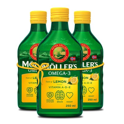Mollers | Omega 3 Cod Liver Oil | Omega-3 Dietary Supplements with EPA, DHA, Vitamin A, D and E | Superior Taste Award | Pure & Natural cod Liver Oil | Lemon | 250 ml x 3