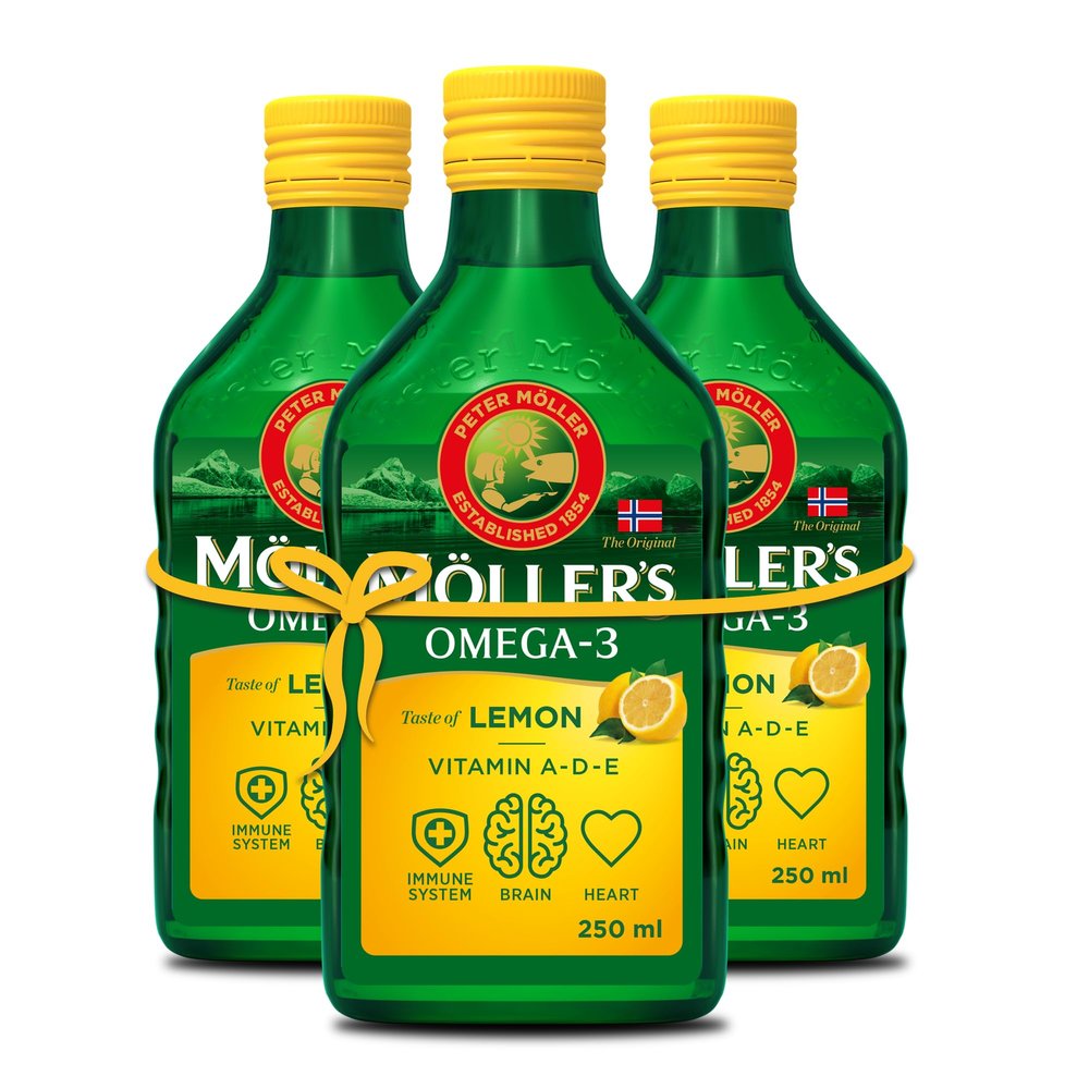 Mollers | Omega 3 Cod Liver Oil | Omega-3 Dietary Supplements with EPA, DHA, Vitamin A, D and E | Superior Taste Award | Pure & Natural cod Liver Oil | Lemon | 250 ml x 3