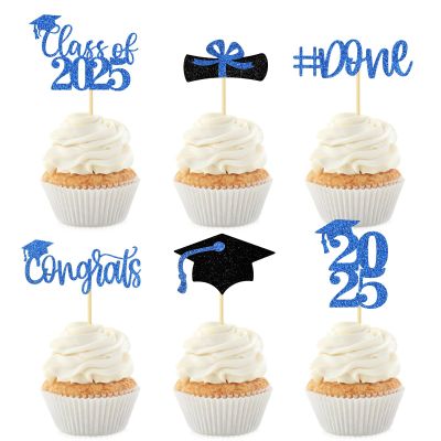 Graduation Decorations 2025-24Pcs Blue Glitter Graduation Cupcake Toppers for Class of 2025 Party Decorations