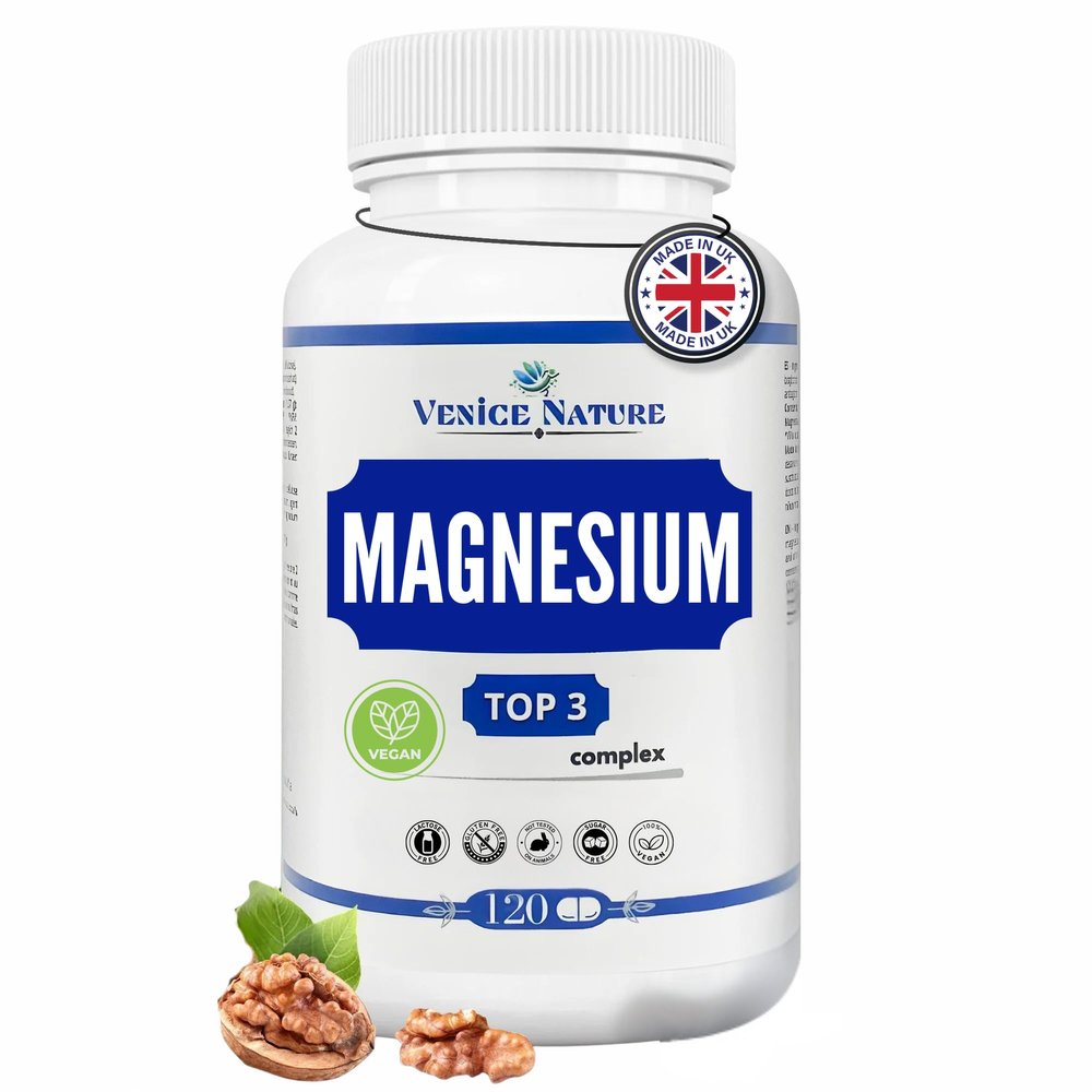 Magnesium 3-in-1 Complex 400mg Elemental 120 Vegan Capsules Venice Nature - Hight-dose Pure Magnesium - Oxide Bisglycinate & Citrate.