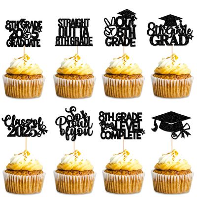 JKQ 32 Pieces 8th Grade Grad Cupcake Toppers Black Glittery Eighth Grade Graduation Cupcake Decorations Class of 2024 Peace out 8th Grade Cupcake Picks for Middle School Grad Party Cupcake Decorations