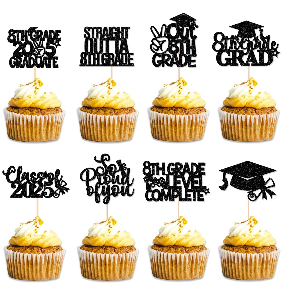 JKQ 32 Pieces 8th Grade Grad Cupcake Toppers Black Glittery Eighth Grade Graduation Cupcake Decorations Class of 2024 Peace out 8th Grade Cupcake Picks for Middle School Grad Party Cupcake Decorations