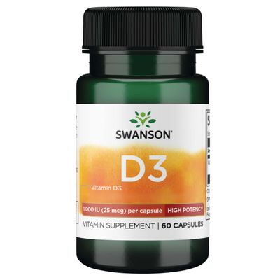 Swanson Vitamin D3 25mcg (1000 IU), 60 Capsules, High Dose, Laboratory Tested, Soy Free, Gluten Free, GMO Free