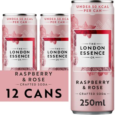 The London Essence Co. Raspberry & Rose Crafted Soda, Premium Soft Drink, 250ml, Pack of 12 cans, No Artificial Colours Preservatives or flavours, Low Calorie