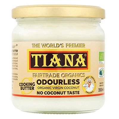 Odourless Coconut Cooking Butter 350ml (Pack of 4)  Virgin, Unrefined & Heat-Stable Coconut Oil  Neutral Taste, Dairy-Free Vegan Butter Alternative for Frying, Baking & Roasting  Fairtrade  TIANA