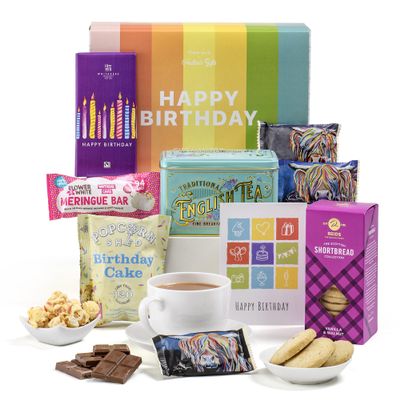 Birthday Gifts for Women & Men Afternoon Tea Hamper  Hatties Gifts Rainbow Birthday English Tea Gift Set with Biscuits, Meringue Bar, Milk Chocolate, Popcorn & Card