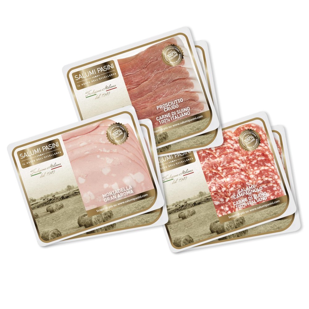 Aperitif Mix Salumi Pasini | 6 Trays of Mixed Sliced Cured Meats | Campagnolo Salami, Mortadella, Raw Ham | Ready to taste