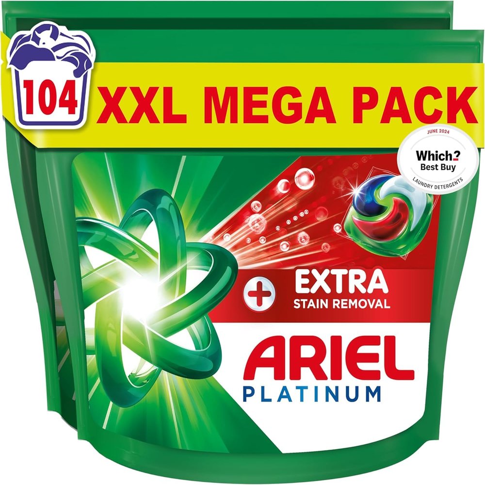 Ariel Platinum PODS Laundry Detergent Capsules, 104 Washes (52 x 2)  Extra Stain Removal, Removes 7-Day Dried-In Stains