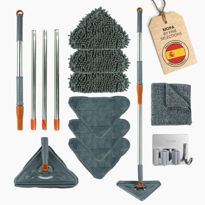 FINE SELECTIONS Tile and Wall Cleaning Mop | 360 Rotating Triangular Mop | Kit with Chenille and Microfibre Pads | Bamboo Fiber Cloth and Steel Hook