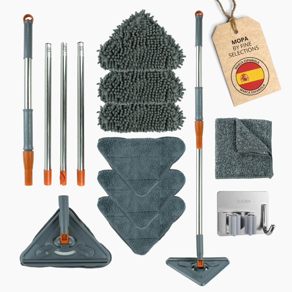 FINE SELECTIONS Tile and Wall Cleaning Mop | 360 Rotating Triangular Mop | Kit with Chenille and Microfibre Pads | Bamboo Fiber Cloth and Steel Hook