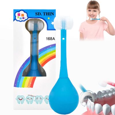 Three Sided Toothbrush for Kids, Three Sides Soft Silicone Brush Head Toothbrush, Cute Cartoon Creative Soft Toothbrush, Suitable for Children Aged 2-12 (Blue)