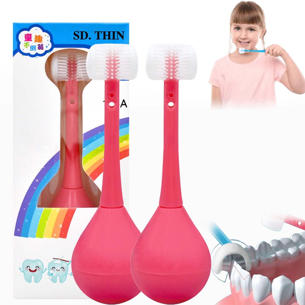 Three Sided Toothbrush for Kids, Three Sides Soft Silicone Brush Head Toothbrush, Cute Cartoon Creative Soft Toothbrush, Suitable for Children Aged 2-12 (2*Red)