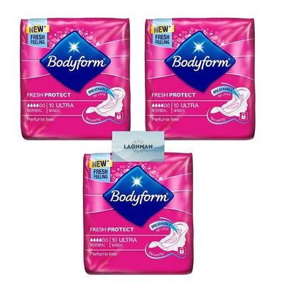 10 Ultra Sanitary Towels with Wings Pack of 3, 30 (10x3 Pads) Period Pads, Normal Flow Cour-V Ultra (Pack of 3) - Body Form