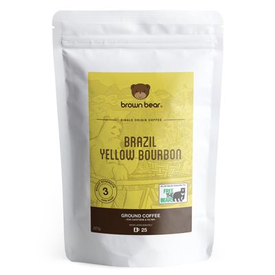 Brazilian Ground Coffee 227g - Brazil Yellow Bourbon Speciality Coffee - Medium Roast - Brown Bear - For For Cafetiere French Press V60 Filter - Strength 3
