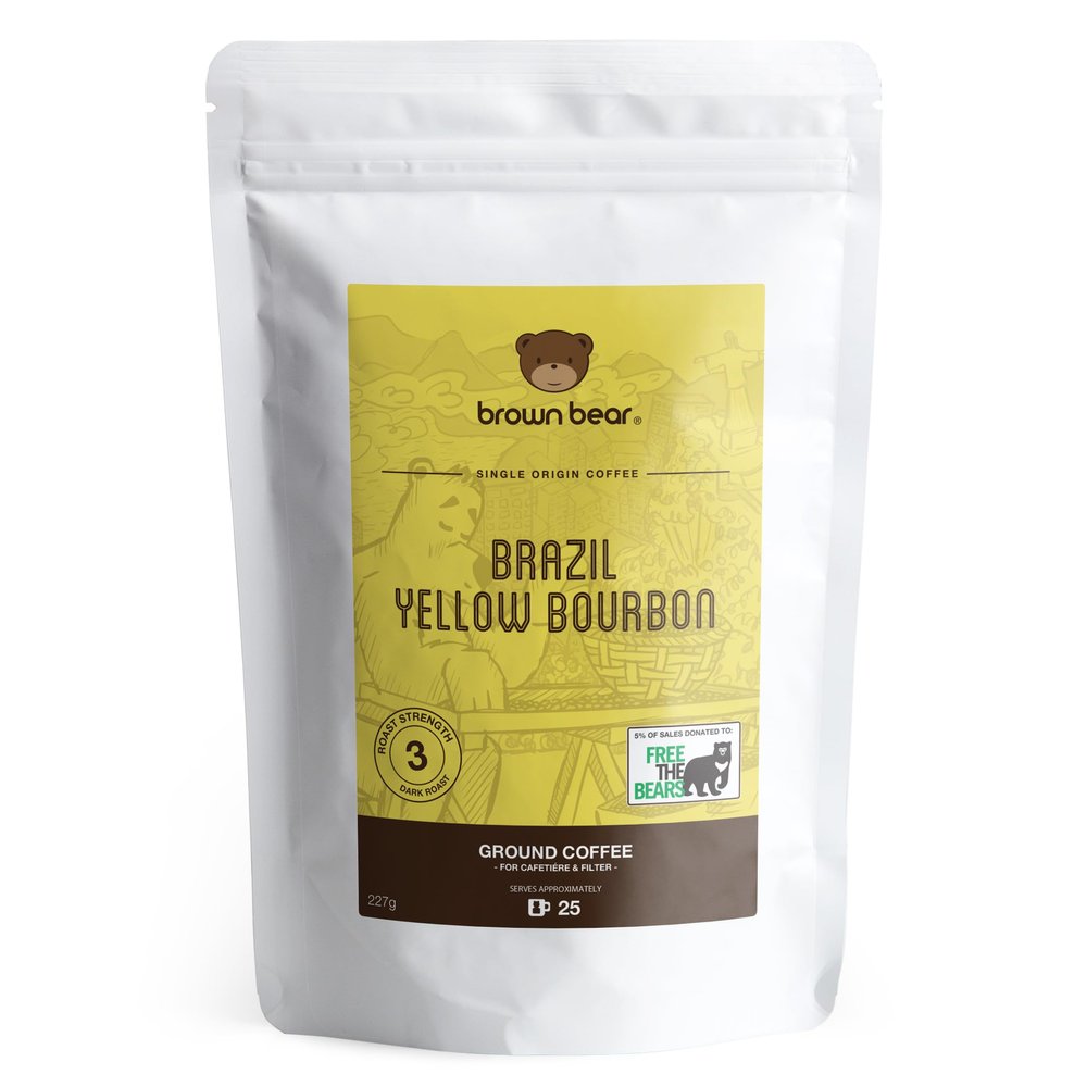 Brazilian Ground Coffee 227g - Brazil Yellow Bourbon Speciality Coffee - Medium Roast - Brown Bear - For For Cafetiere French Press V60 Filter - Strength 3