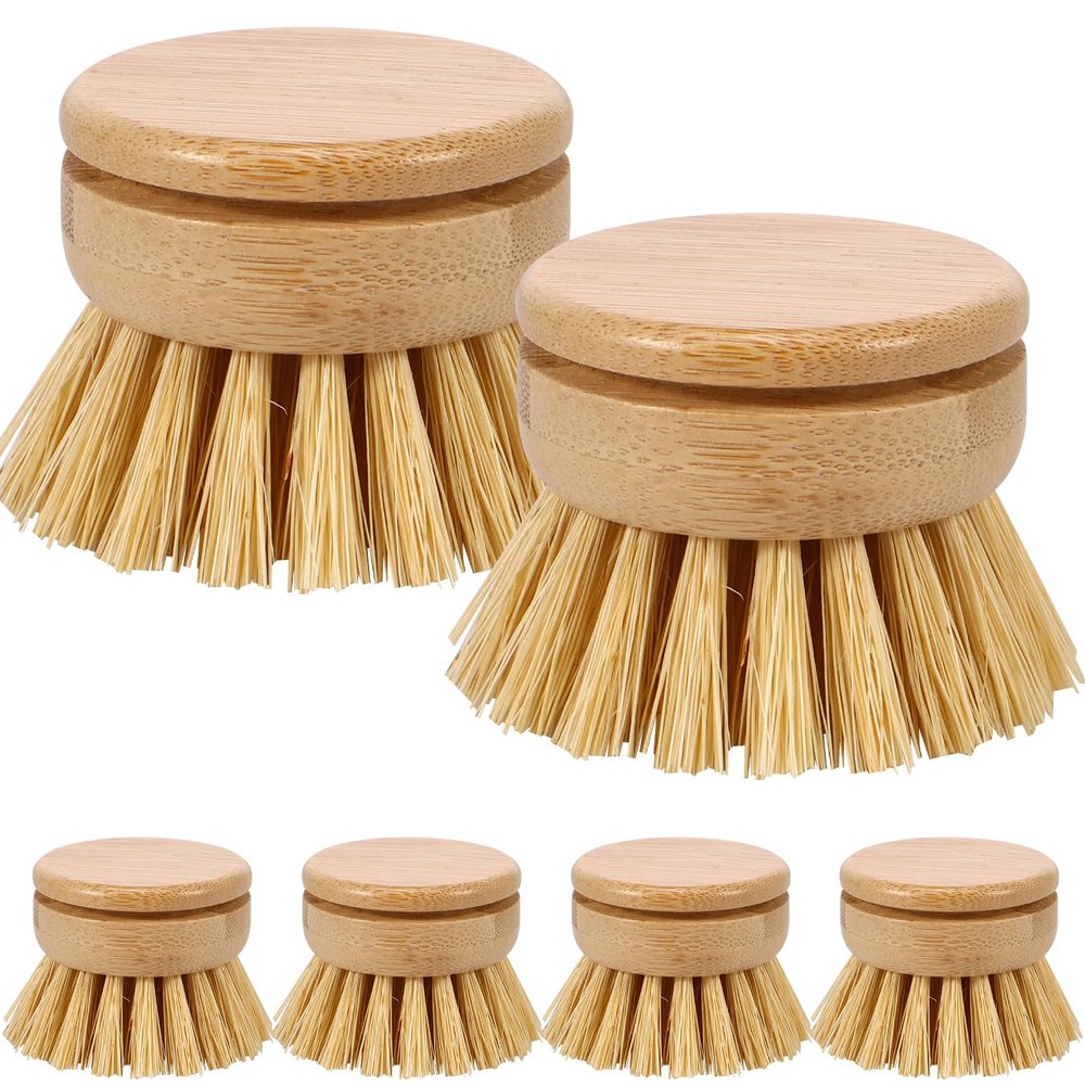 6pcs Bamboo Dish Brush Replacement Heads, Wooden Dish Brushes for Cleaning Kitchen Wood Dish Scrubbers Washing Up Brush Heads Natural Bristle Brush Refills for Dishes, Pots Eco Friendly