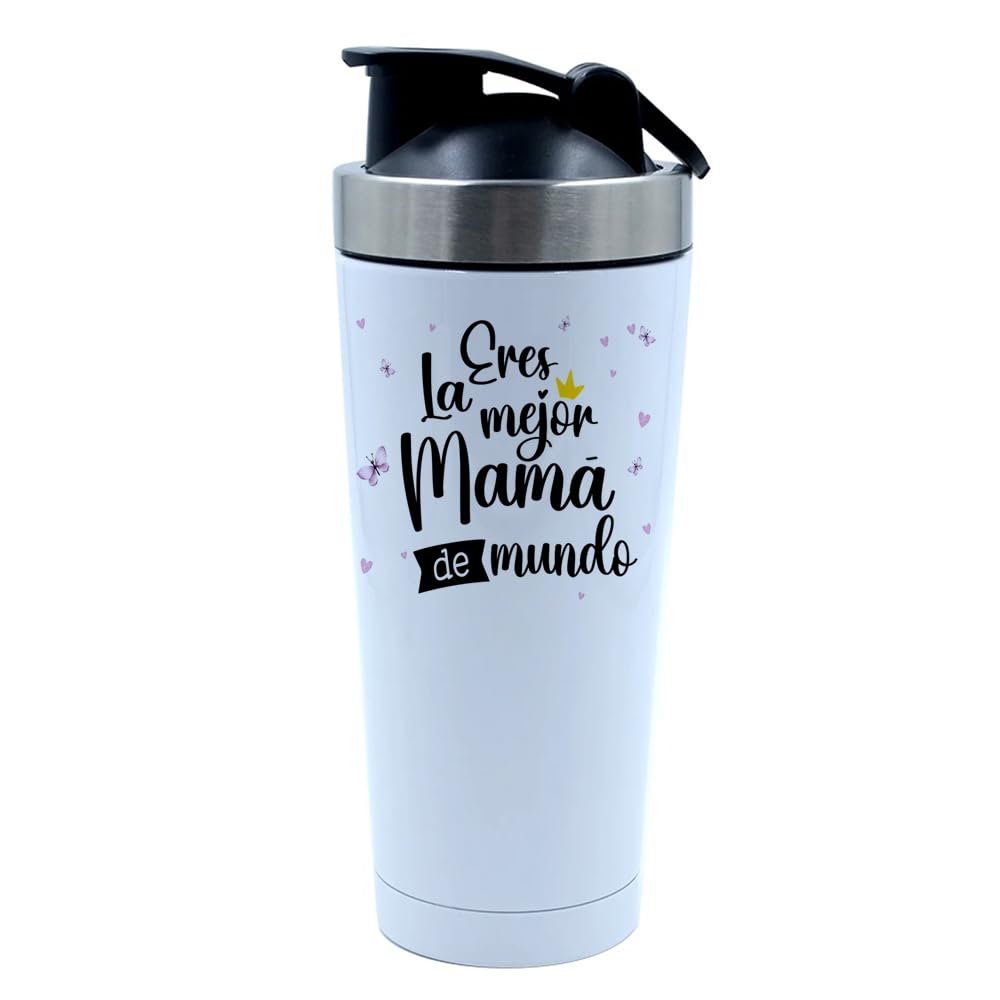 Getagift Eres La Mejor Mama De Mundo, Mother's Day Gift, Best Mom Ever, 500ml Aluminium Shaker Bottle for Supplement Shakes - Easy Clean, Durable Cup. (White)