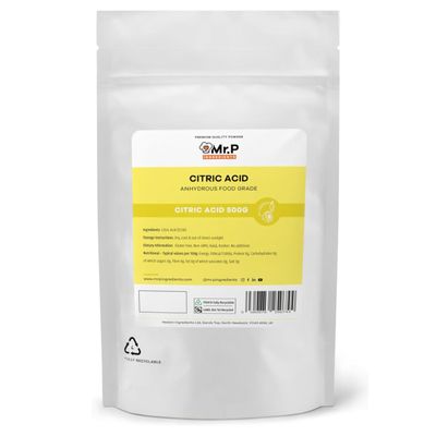 Mr.P Ingredients Citric Acid 500g Anhydrous Food Grade Gluten Free Non-GMO Halal Kosher No additives Resealable Pouche