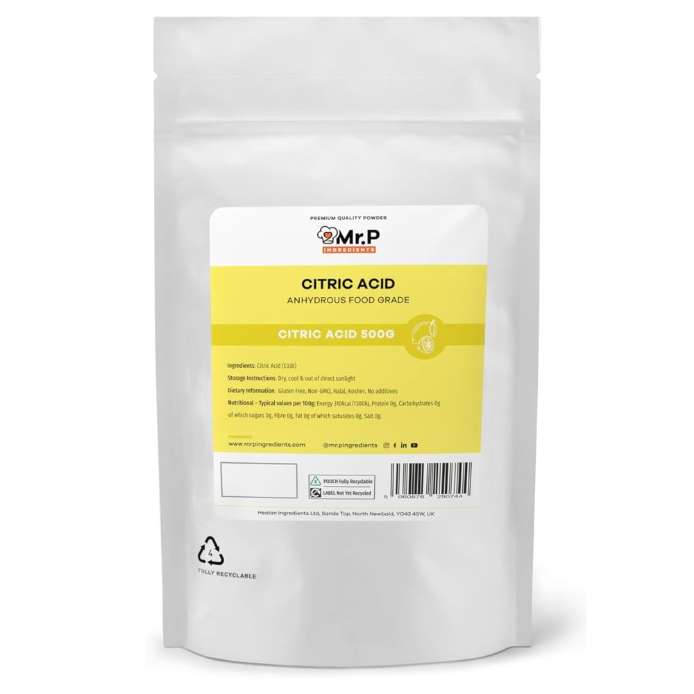 Mr.P Ingredients Citric Acid 500g Anhydrous Food Grade Gluten Free Non-GMO Halal Kosher No additives Resealable Pouche