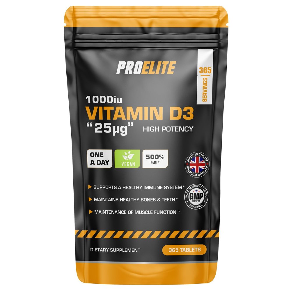 Vitamin D 1000iu (25mcg) 365 Vegan Tablets | 1 Year Supply for Maintenance of Healthy Immune System, Muscles, Bones & Teeth Vitamin D3 Cholecalciferol Made in The UK by PROELITE