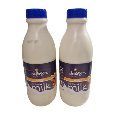 1L Delamere Dairy Sterilized Whole Milk Long Life Plastic Bottle (2 x 1Litre)