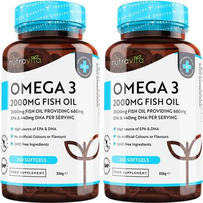 Nutravita Omega 3 Capsules High Strength 2000mg with 660mg EPA & 440mg DHA, 2 Bottles of 240 Softgel Omega 3 Fish Oil Capsules for 8 Months of Supply, Fish Oil Omega 3 Supplements