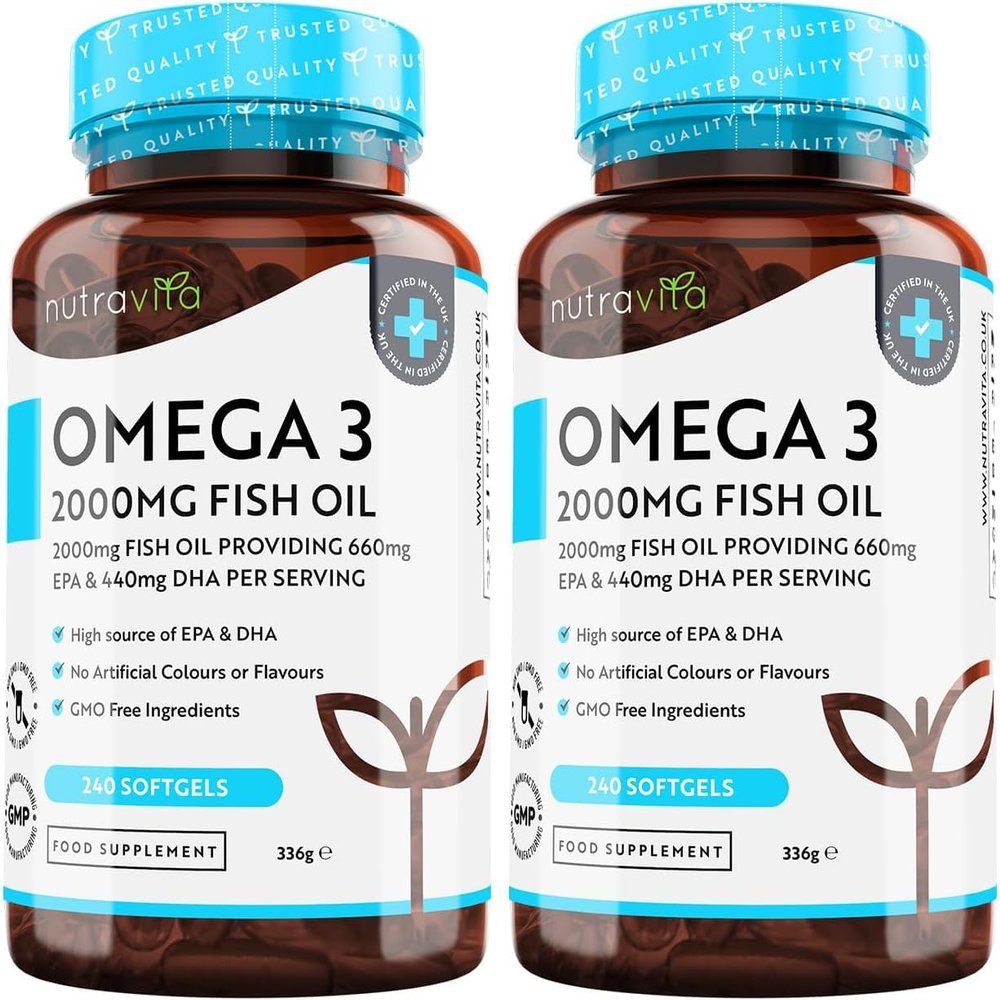 Nutravita Omega 3 Capsules High Strength 2000mg with 660mg EPA & 440mg DHA, 2 Bottles of 240 Softgel Omega 3 Fish Oil Capsules for 8 Months of Supply, Fish Oil Omega 3 Supplements