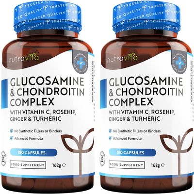 Nutravita Glucosamine and Chondroitin Complex (2 Packs of 180)  360 High Strength Capsules  Contributes to Maintenance of Normal Immune System  Vitamin C, Turmeric, Ginger and Rosehip  Made in UK