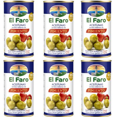 El Faro 6x 350g (150g drained) Spanish Green Olives Filled With Roasted Red Pepper Snack