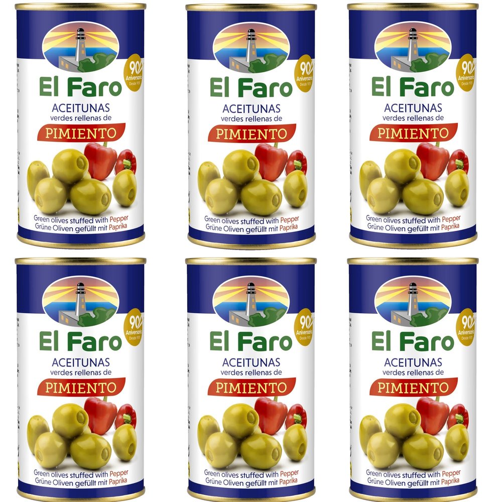 El Faro 6x 350g (150g drained) Spanish Green Olives Filled With Roasted Red Pepper Snack