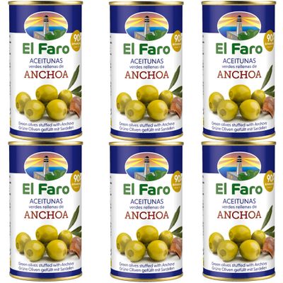 El Faro 6 x350g tins (150 grams drained/tin) Spanish Green Manzanilla Olives Filled With Anchovy
