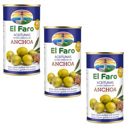 El Faro 3 x350g tins (150 grams drained/tin) Green Manzanilla Spanish Olives Filled With Hand Anchovy