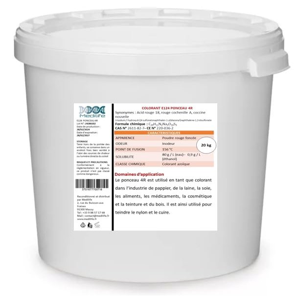 20 kg Colourant E124 PONCEAU 4R: Acid Red 18, Cochineal Red A, Coccine New