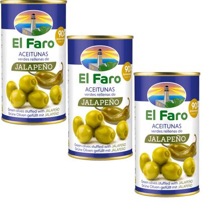 El Faro 3 x350g tins (3 x 150 Grams Drained ) Spanish Green Pitted Manzanilla Olives Picante Filled with hot Jalapeo Pepper Snack