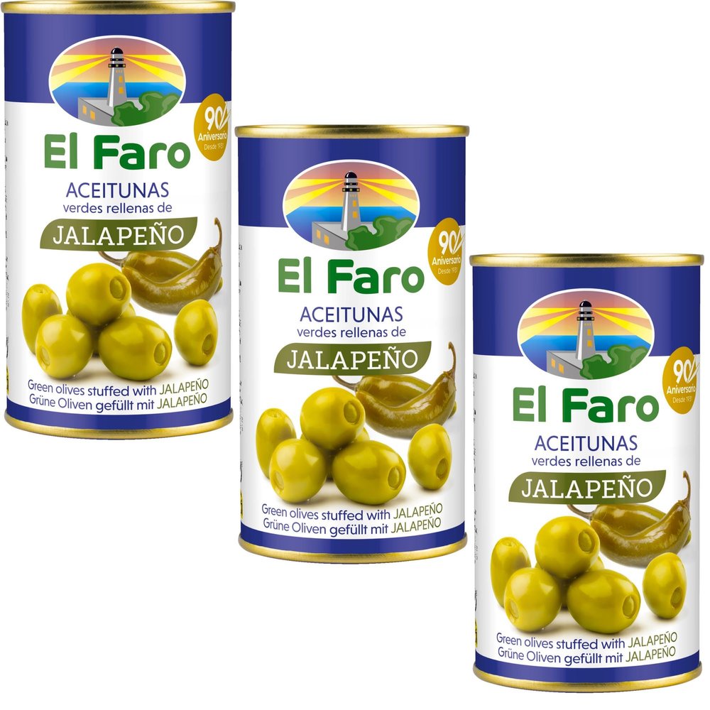 El Faro 3 x350g tins (3 x 150 Grams Drained ) Spanish Green Pitted Manzanilla Olives Picante Filled with hot Jalapeo Pepper Snack